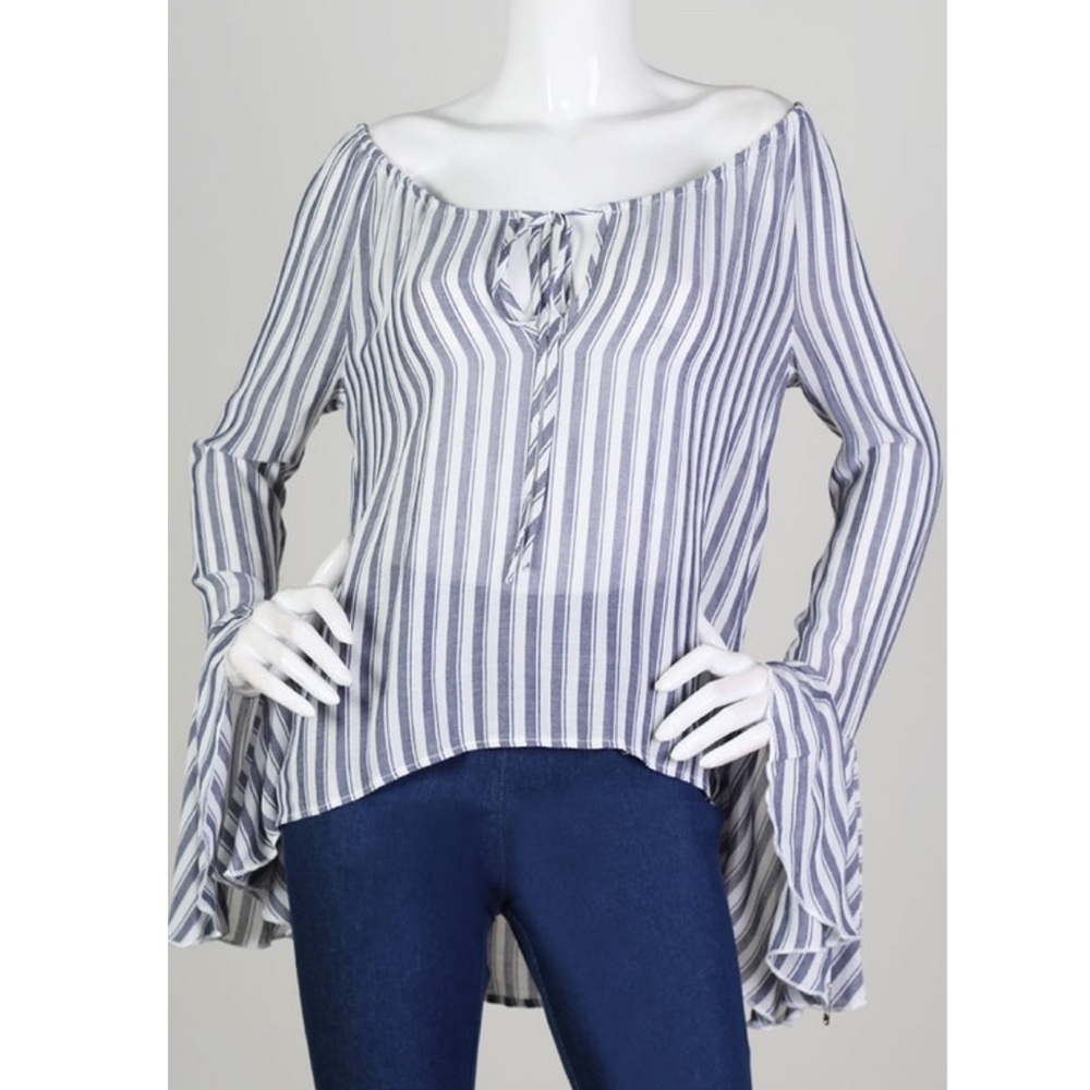 NWT Anthropologie Olivaceous Shoulder Nautical Stripe Bell Sleeve